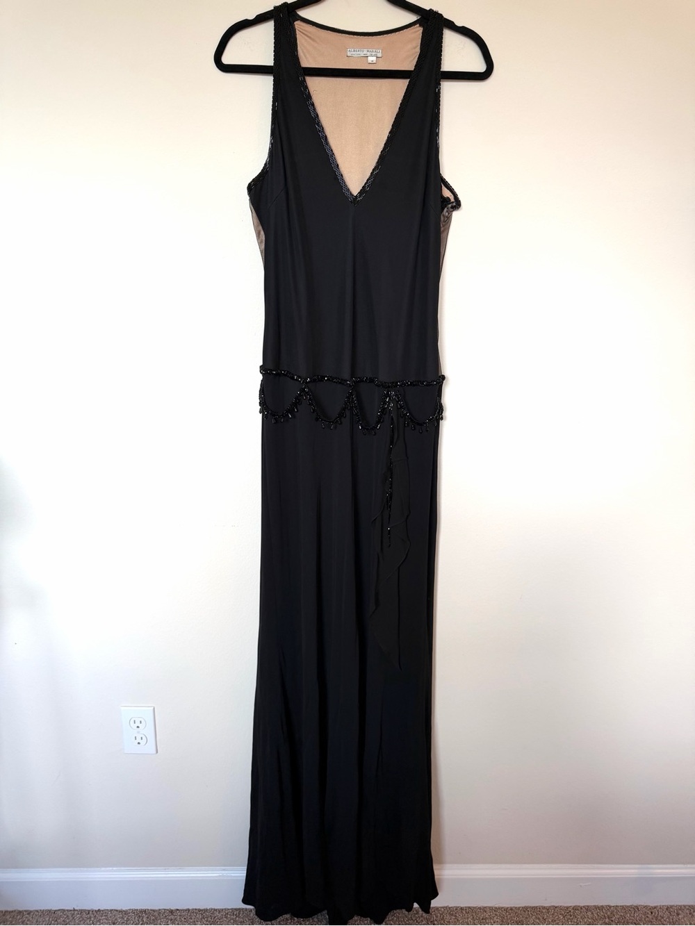 Alberto Makali Black Beaded Maxi Dress / Illusion Gown Size 14 / XL
